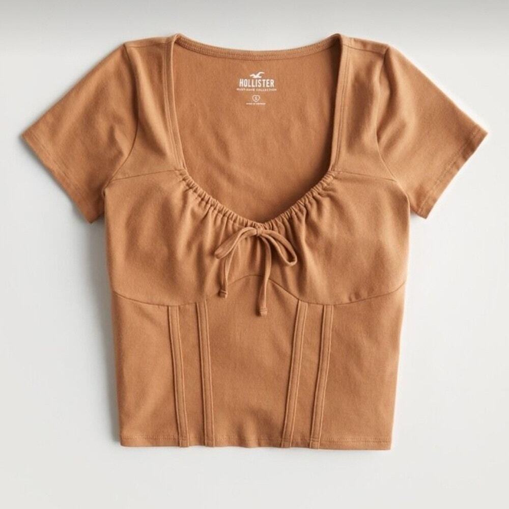 Hollister Brown Short Sleeve Corset Style Top | Sweetheart Neckline Tee